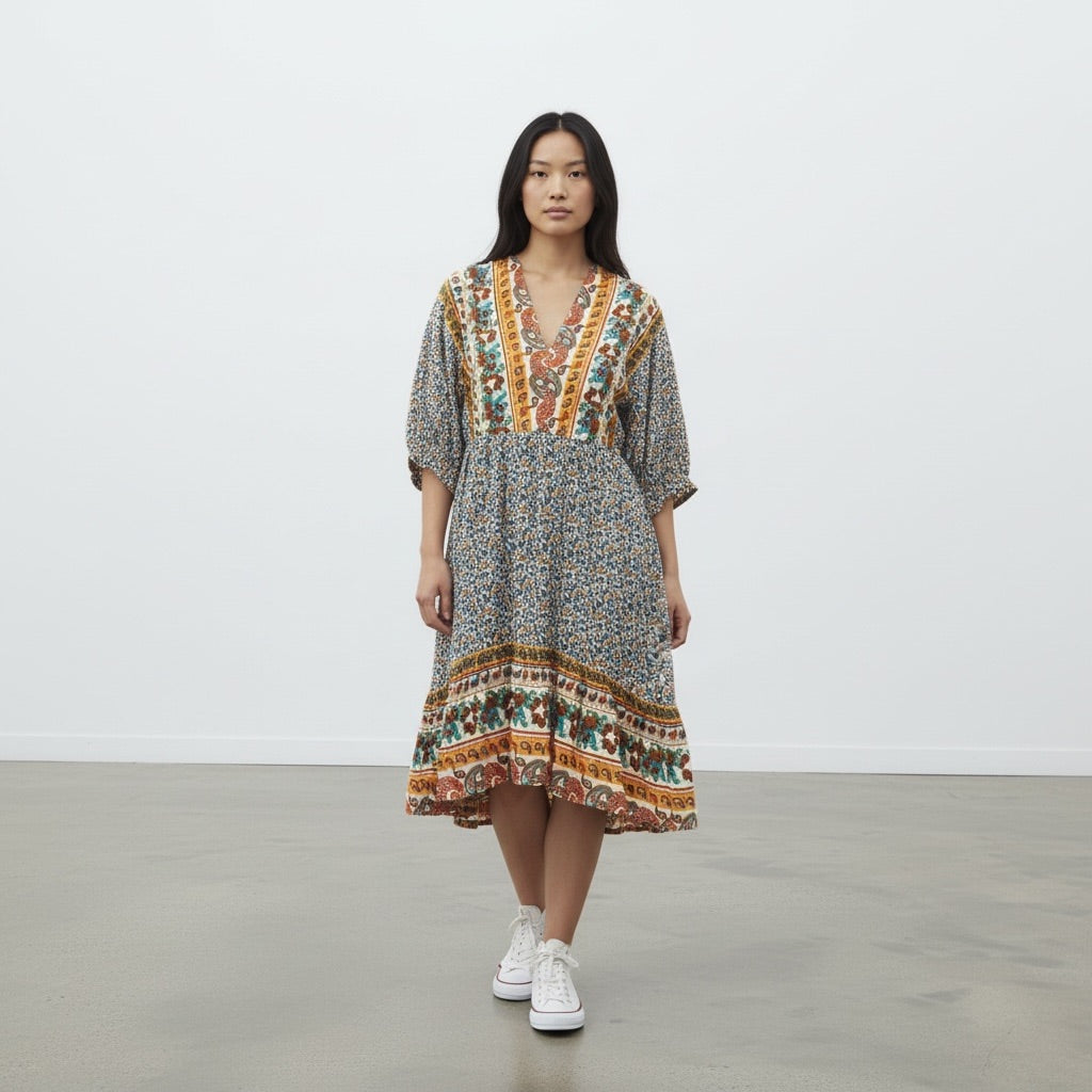 Blue base with Multicolor Floral & Paisley Accents (rust, mustard, cream, teal) Umgee Boho Floral Midi Dress, Medium